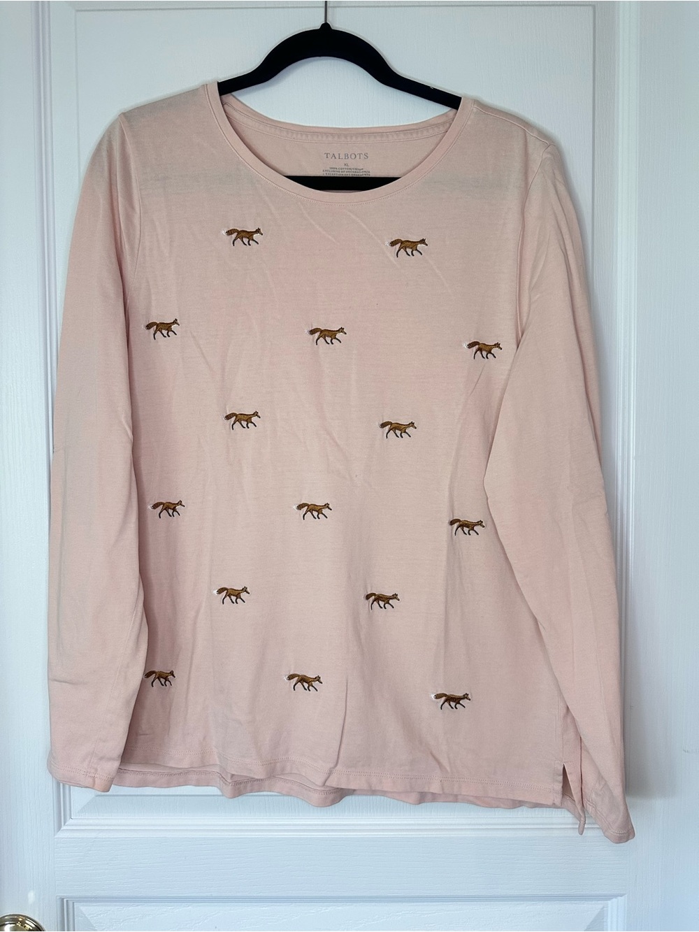 Talbots Pale Pink Long-Sleeve Top with Fox Embroidery